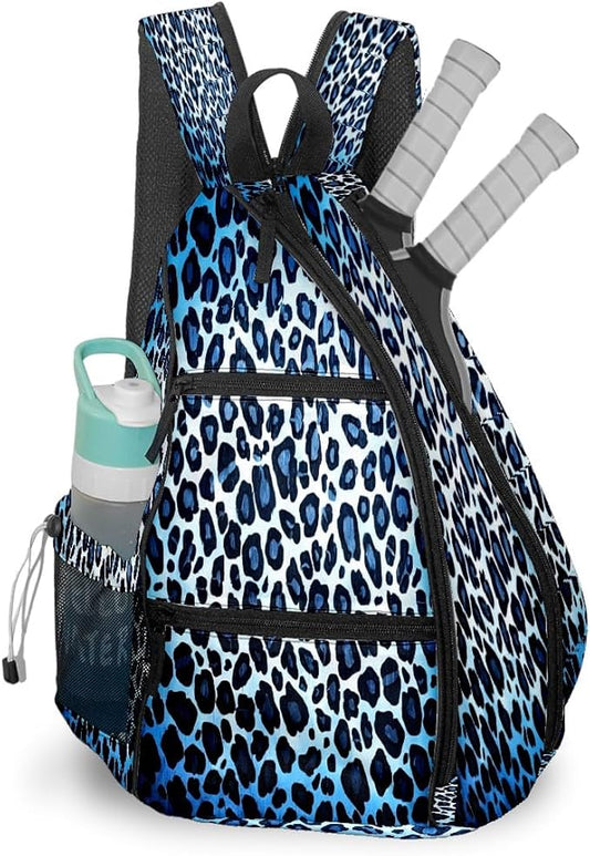 Brown Leopard Print Premium Nylon Pickleball Backpack, 3-in-1 Convertible Shoulder Crossbody Sling Bag for Women Men, Lightweight Bag Fits 2-4 Pickleball Paddles & Tennis Sports Gear