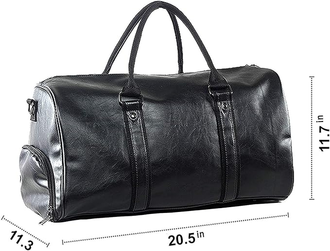 Leather Travel Bag with Shoe Pouch, Waterproof Weekender Overnight Bag, Carry On Duffel Bag for Men Women-Black