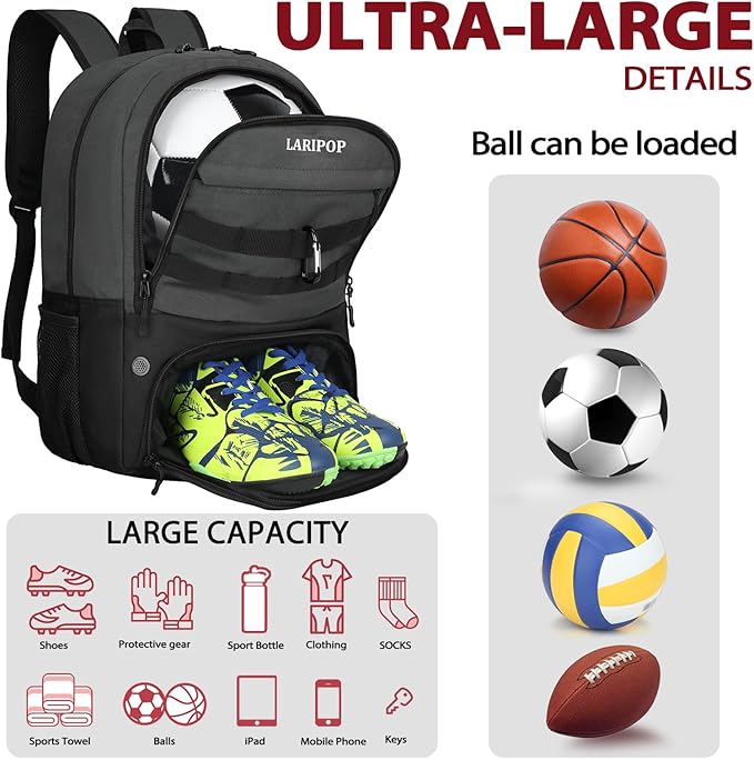 LARIPOP Soccer Backpack,Soccer Bag with Ball Holder and Shoe Compartment,Sports Equipment Training Bags Fits Basketball