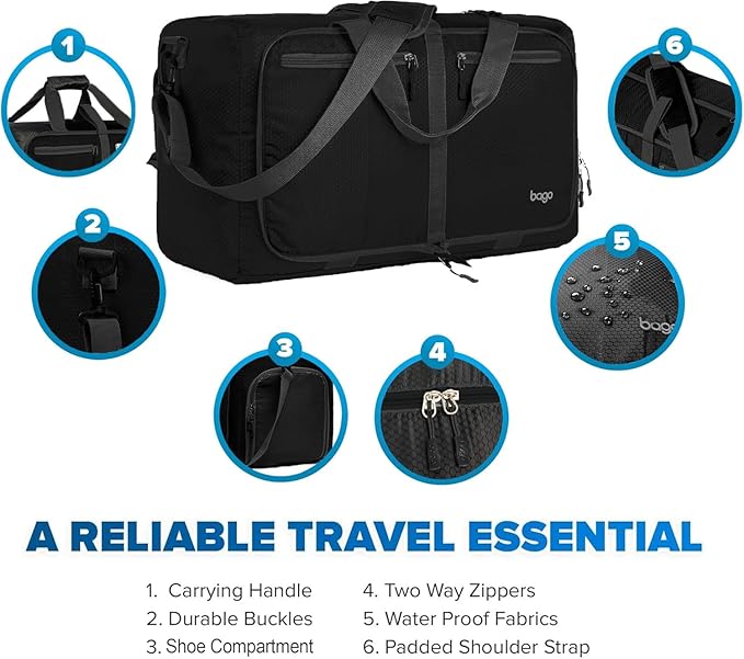 Bago Foldable Duffel Bags for Traveling Women & Men - 40L Sports Packable Duffle Bag for Travel with Shoe Compartment - Water Repellant, Heavy Duty, Lightweight Folding & Collapsible (All Black)