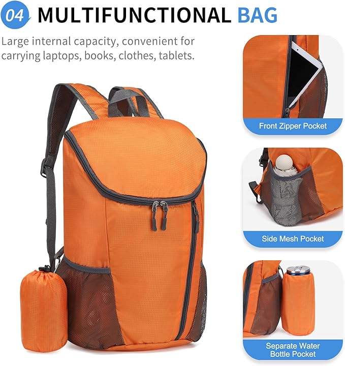 Hiking Backpack, 20L Packable Daypack for Men Women, Nylon with Adjustable Straps, Lightweight Waterproof Outdoor Camping Travel, Orange