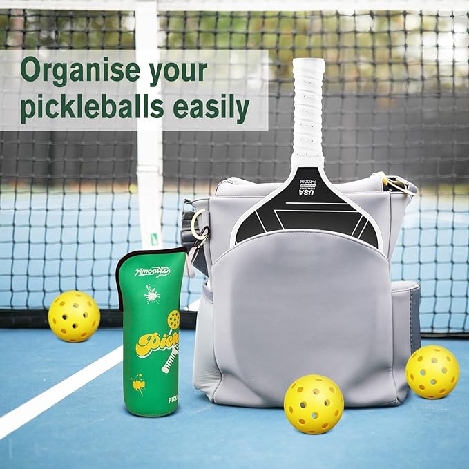 Pickleball Ball Holder - 1 Pc Pickle Ball Storage Bag, Portable Tennis Pouch with Hook for Fence, Premium Neoprene Material Bottle Holder, Pickleball Accessory Black Red Green Yellow Color