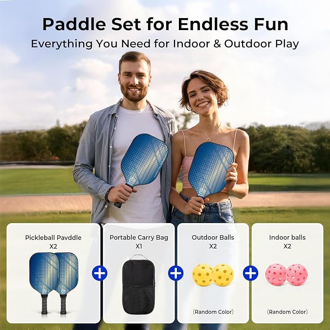Carbon Fiber Pickleball Paddles Set of 2 – Lightweight Pickleball Paddle Rackets 2 Pack with 4 Pickleball Balls & Bag | Durable Pickleballs Starter Set Kit | Pickle Ball Paddles for Men, Women & Kids