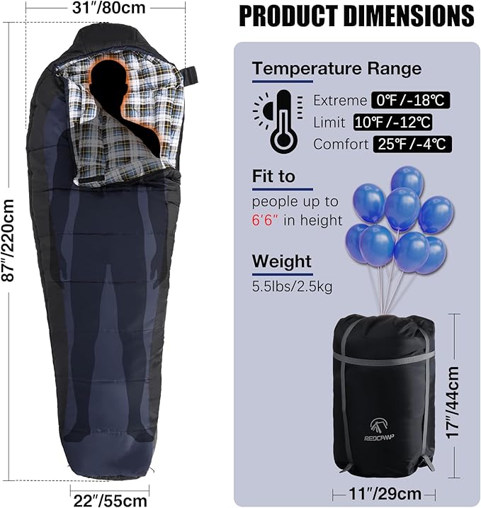 REDCAMP Cold Weather Mummy Sleeping Bag, Warm Flannel Cotton Sleeping Bag for Adults, Warm and Machine Washable Perfect for Winter Camping