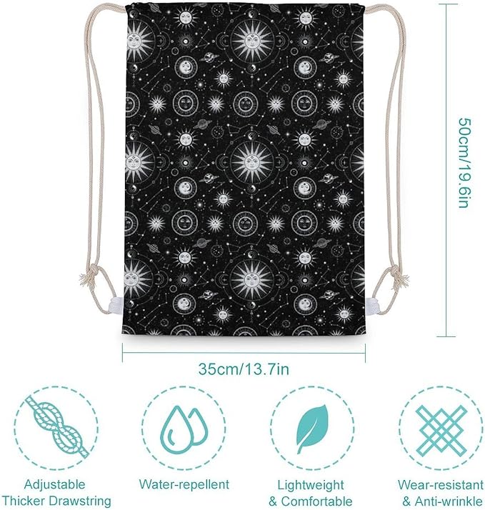 Canvas Drawstring Backpack for Men Women Lightweight Workout Gym Storage Bag, Sun Moon Star Constellation Art Funny Drawstring Bags for Travel Sport