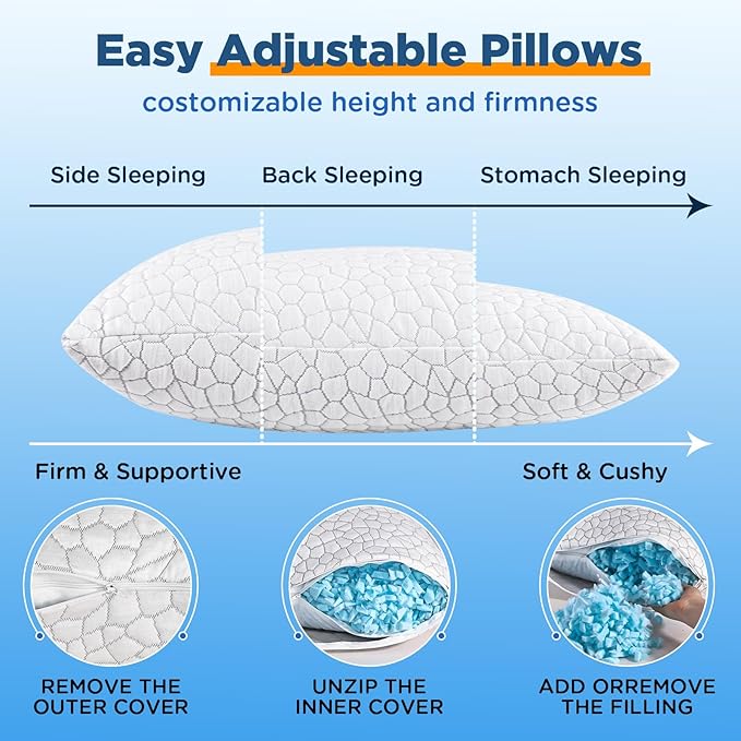 SUPA MODERN Cooling Bed Pillows for Sleeping 2 Pack Shredded Memory Foam Pillows Adjustable Pillow for Side Back Stomach Sleepers Luxury Gel Pillows Queen Size Set of 2 with Washable Removable Cover