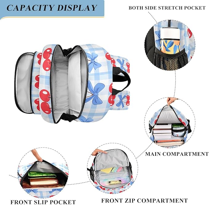 Cherry Blue Bow Buffalo Plaid Laptop Backpack Purse for Women Men School Bag 17 Inch Bookbag Student Boys Girls Travel Casual Daypack