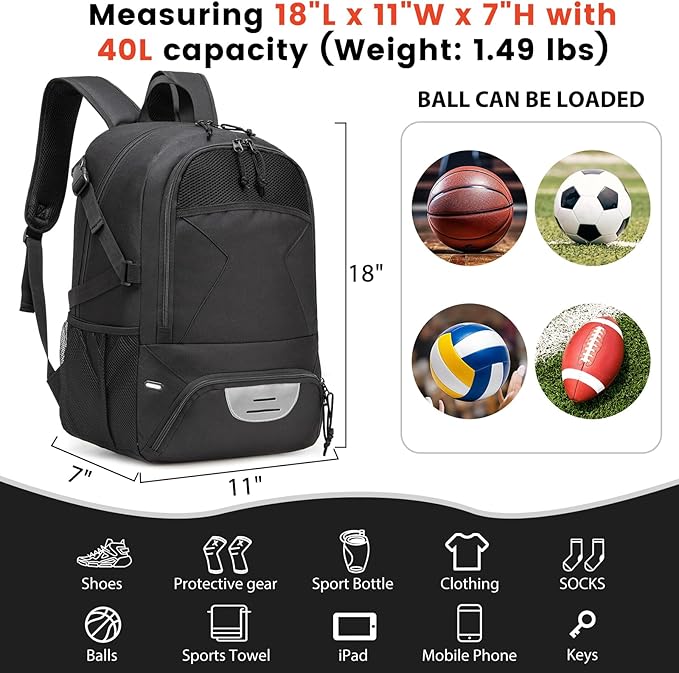Basketball Backpack - Large Sports Equipment Bag with Ball Holder & Shoe Compartment for Basketball. (black)