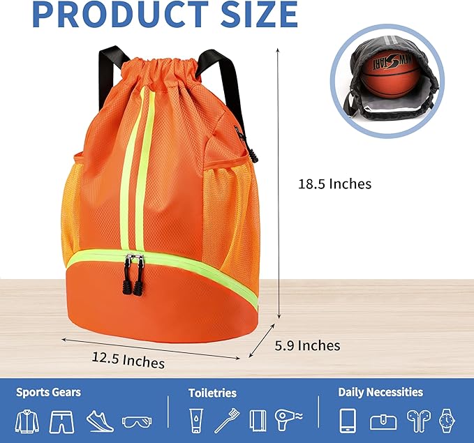 Drawstring Backpack Gym Bag with Shoes Compartment for Soccer, Basketball, Swim, Water-Resistant String Backpack Beach Cinch for Women Men, Orange