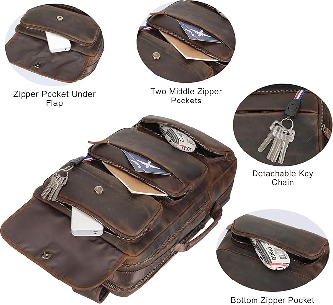 TIDING Full Grain Leather 17.3 Inch Laptop Backpack for Men, Convertible Business Briefcase Weekender Camping Bag Travel Rucksack
