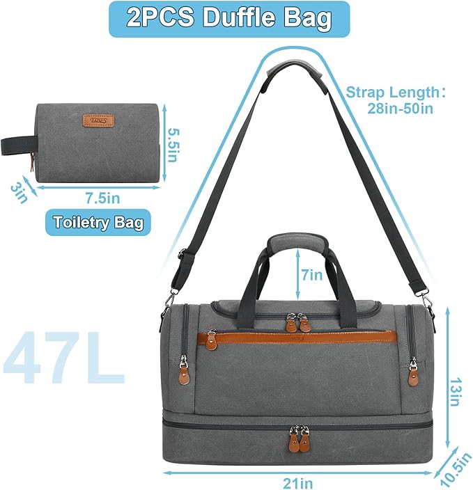 Duffle Bag for Travel, Expandable 50L Canvas Weekender Bag, Overnight Bag Travel Duffel Bag for Men Carry On Luggage with Removable Shoulder Strap, Durable & Water-Resistant