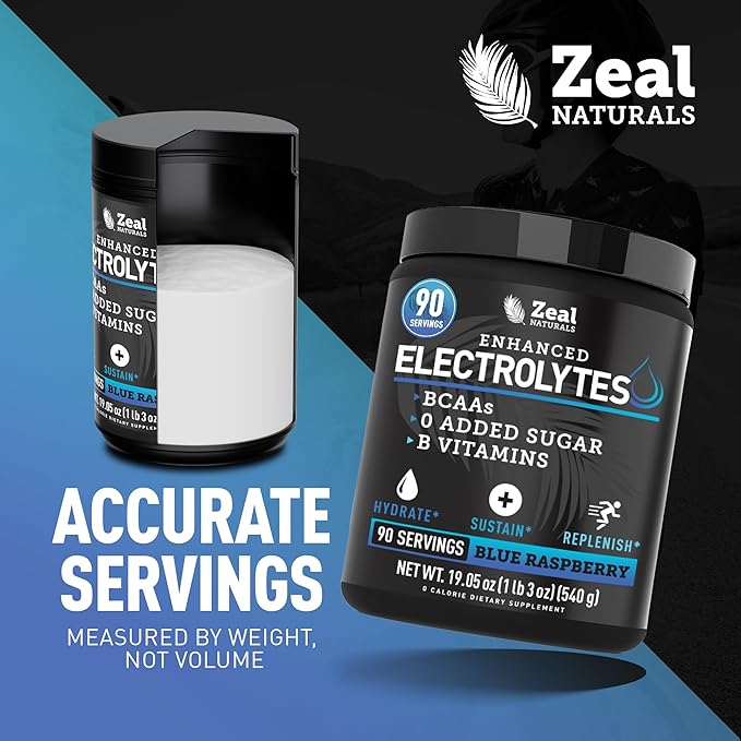 Zeal Electrolyte Powder - 90 Servings | Keto Electrolytes Powder | Zero Sugar, BCAAs, B-Vitamins | Potassium, Zinc, Magnesium | Hydration Powder Recovery Drink | Blue Raspberry