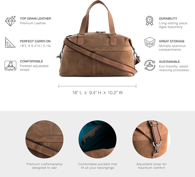 Brown Top Grain Leather Duffle Bag for Men & Women - Large, Durable, Stylish Leather Travel Bag with Adjustable Shoulder Strap, Spacious Design for Weekend Getaways, Business, & Overnight Trips