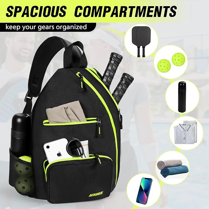 AEROBIX Pickleball Bag for Women & Men, Pickle Ball Backpack - Upgraded Zippers, Large Capacity, Padded Paddle Pocket, Adjustable Sling Bag (No Accessories)