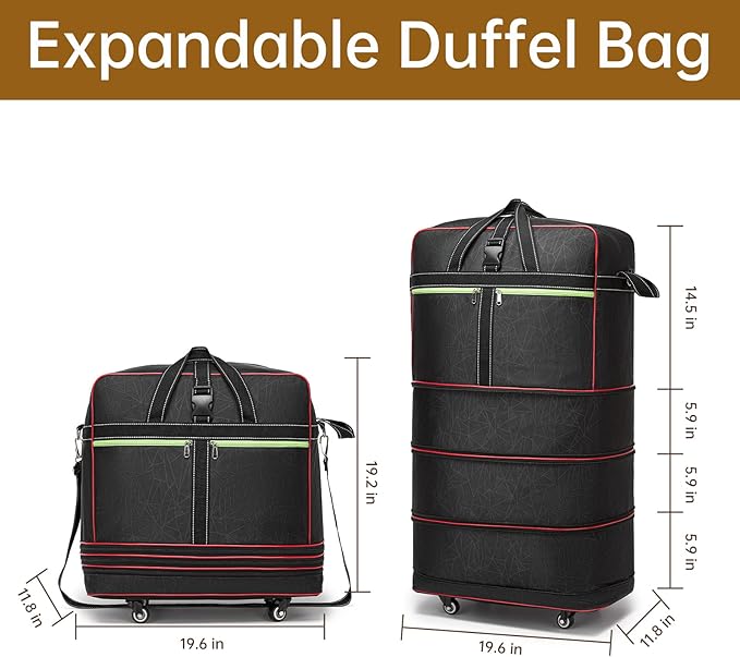 Foldable Duffel Bag,Large Expandable Rolling Travel Duffle Bag with Wheels Waterproof Collapsible Luggage Carry on Duffel Bag with Wheels and Handle, Black