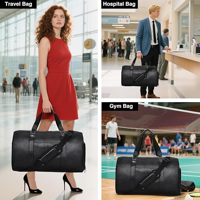3-in-1 Leather Duffle Bag with Toiletry and Shoe Compartment, Weekender Overnight Gym Bag for Men and Women, Carry On Fits Most 15.6 Inch Laptops(Black)