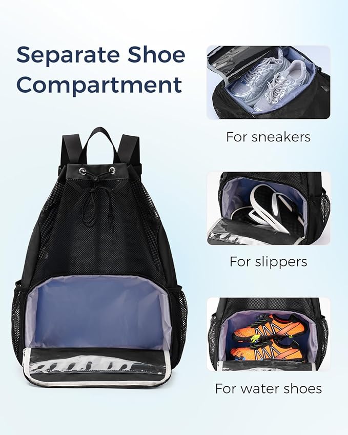 Drawstring Backpack Sports Gym Bag with Wet Pocket Swim Bag Mesh Drawstring Backpack with Shoe Compartment Beach Sackpack for Swimming, Workout Gear (Black)