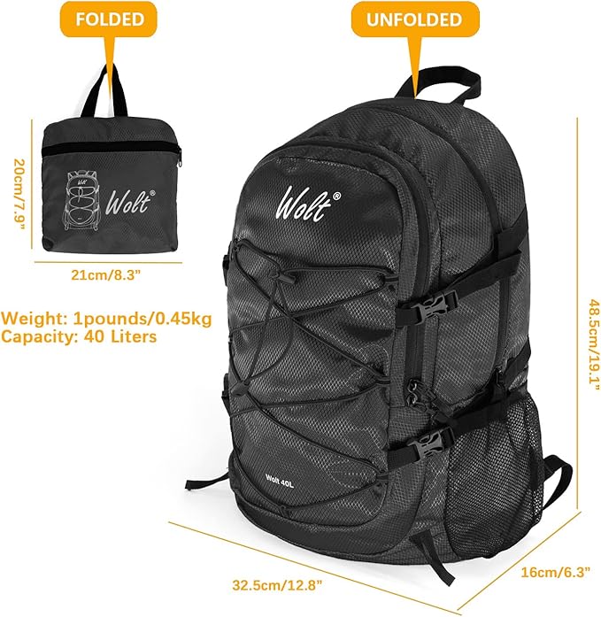 WOLT 40L Packable Travel Backpack, Foldable Lightweight Backpack for Men Women,Waterproof Hiking Bag for Outdoor Camping (Black)