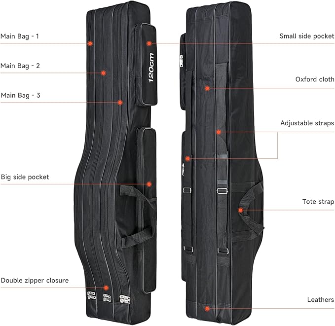 3 Layers Fishing Pole Bag,Portable 3 Layers Oxford Folding Rod Carry Case,Fishing Reel Tackle Storage Bag Case