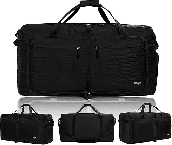 Bago Large Foldable Duffel Bags for Traveling Women & Men - 120L Packable Duffle Bag for Travel with Shoe Compartment - Water Repellant, Heavy Duty, Lightweight Folding & Collapsible (All Black)