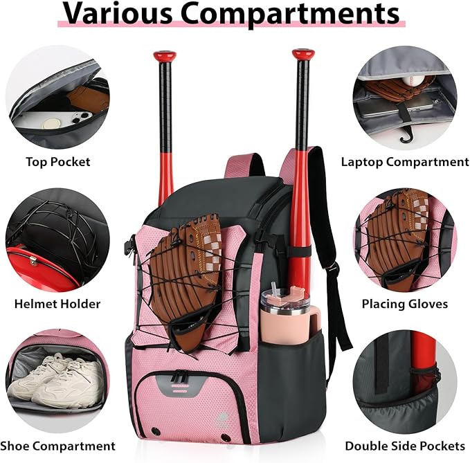Baseball Backpack Softball Bat Bag for Youth Adults Baseball T-Ball Equipment Bag with Shoes Compartment