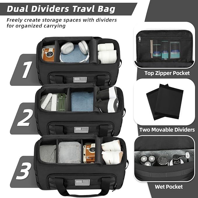 ZOMFELT Tactical Gym Bags for Men, 52L Travel Duffle Bag with Removable Dividers & Innovative Shoe Compartment, 3-in-1 Waterproof MOLLE Gym Duffel Backpack, Airplane Carry-On Approved, Black