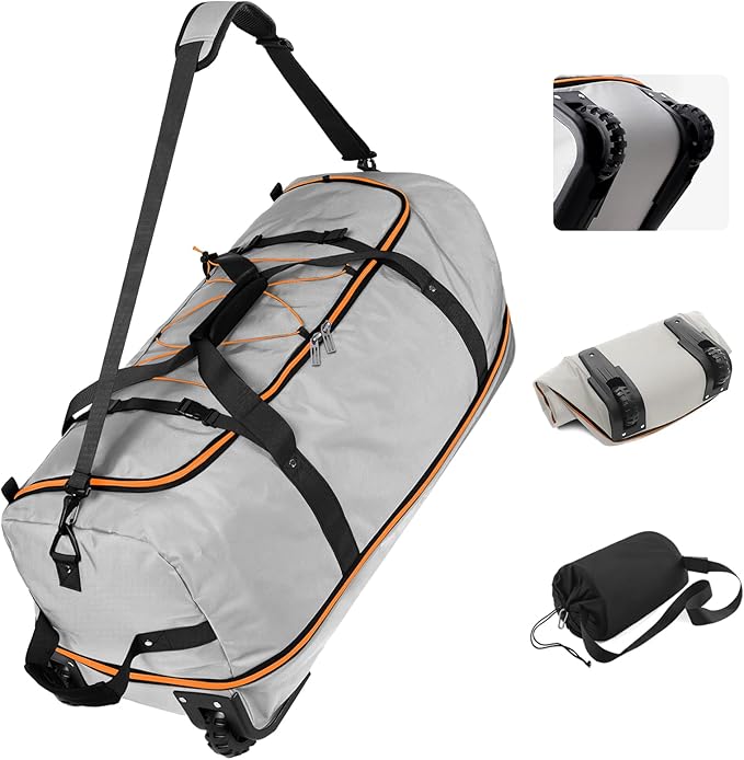 Vomgomfom Wheeled Collapsible Duffel Bag,110L-140L Expandable Checked Luggage, No-Telescopic-Handle with Anti-Burst Zipper & Reinforced Frame,Grey