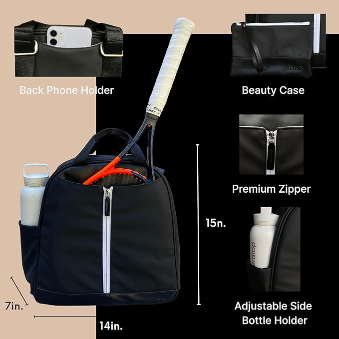 AYRES Tennis Backpack - Spacious Womens Tennis, Padel & Pickleball Bag | Quick-Access Racket Compartment (Fits 2) | Designer Tennis Bag, Water-Resistant & Easy To Clean, Makeup Pouch Included