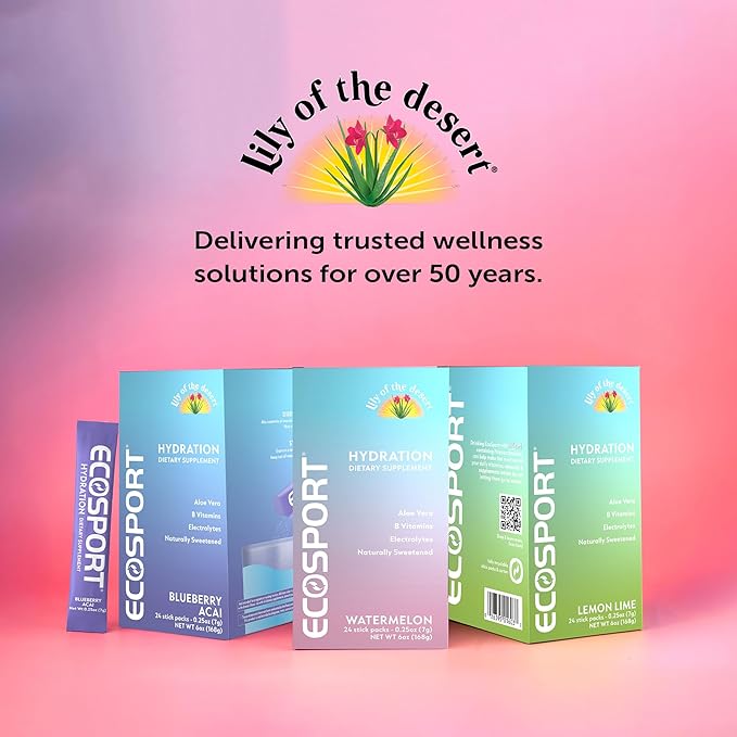 Lily of The Desert EcoSport Instant Hydration Packets - Naturally Sweetened with Electrolytes, Vitamin C, B Vitamins & Aloe, Lemon Lime, 24 Count, 0.25 Oz Ea