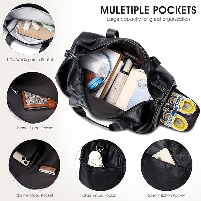 Wogarl 3PCS Leather Weekender Bag for Women Men: Large Overnight Travel Duffel Bags with Shoe Compartment Toiletry Packing Cube Carry On Tote Fit 21"(Black)