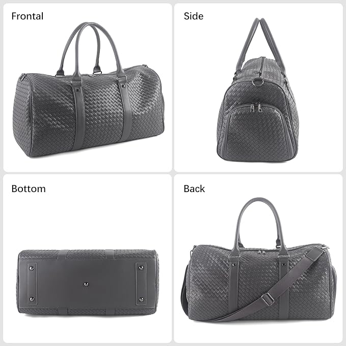 Weekender Bags for Women Woven Leather Travel Duffel Bag with Shoe Compartment, Carry On Garment Bag for Men Women, Large Capacity Water-resistant Gym Tote (Gray)