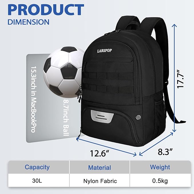 LARIPOP Soccer Backpack,Soccer Bag with Ball Holder and Shoe Compartment,Sports Equipment Training Bags Fits Basketball