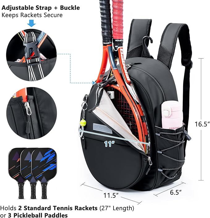 Tennis Backpack with 2 Rackets Holder, Water-Resistant PU Leather Tennis Racket Bag for Women & Men, Sling Crossbody Sports Backpack for Tennis, Pickleball & Badminton, Tennis Gifts