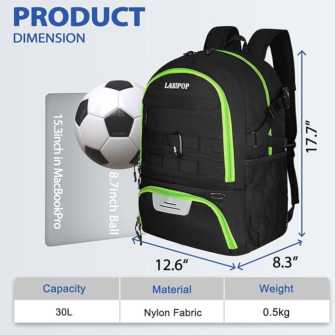 LARIPOP Soccer Backpack,Soccer Bag with Ball Holder and Shoe Compartment,Sports Equipment Training Bags Fits Basketball