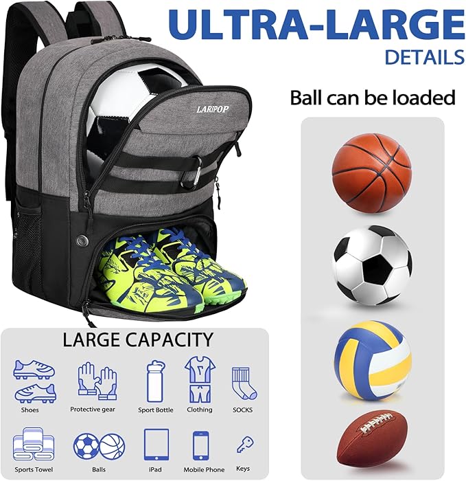 LARIPOP Soccer Backpack,Soccer Bag with Ball Holder and Shoe Compartment,Sports Equipment Training Bags Fits Basketball