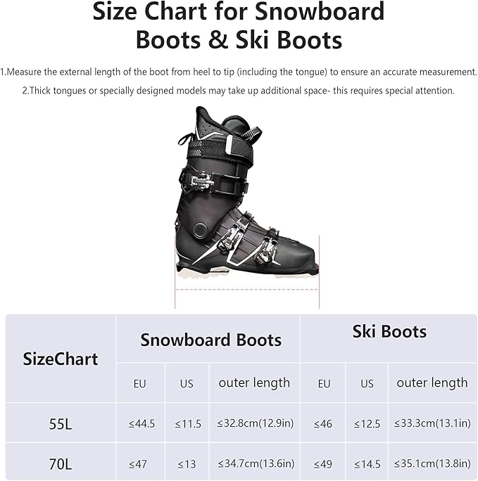 Ski Boot Bag, 55L/70L Waterproof Ski and Snowboard Boots Travel Backpack for Skis, Snowboard, Ski Helmet, Goggles, Gloves & Accessories