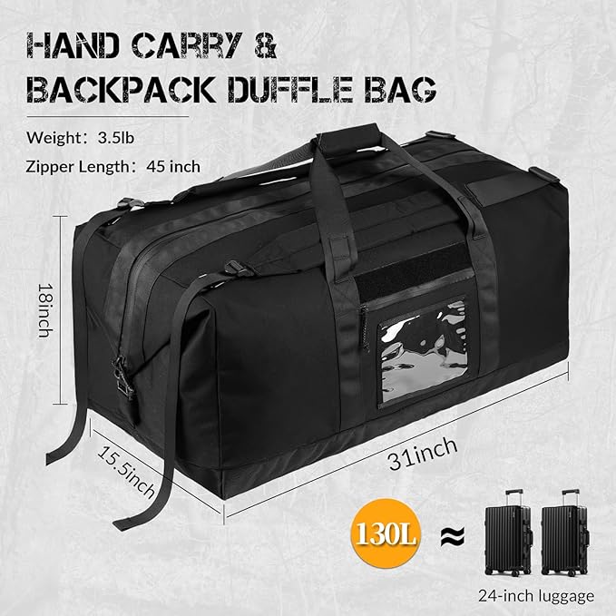 130L Tactical Travel Duffle Bag Large Capacity Waterproof Full-Access Opening Foldable Military Backpack Travel for Outdoor Camping Hunting Weekender Gym Traveling Workout Deployment