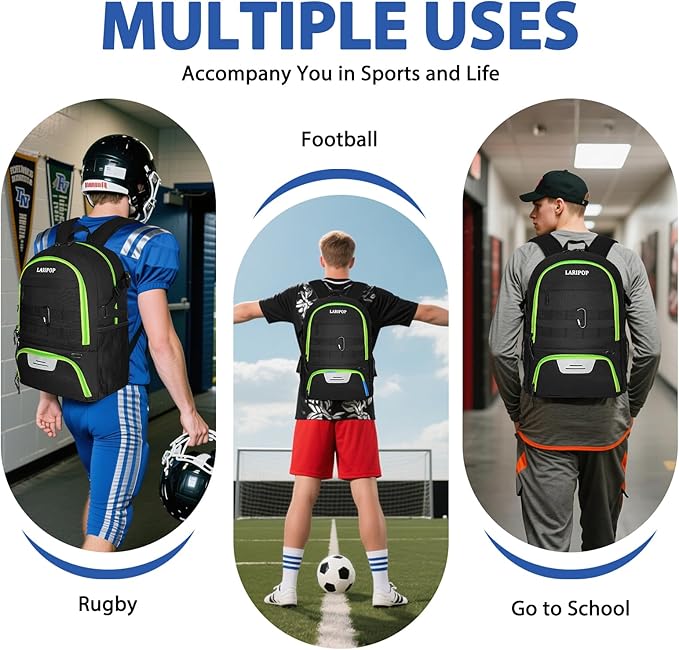 LARIPOP Soccer Backpack,Soccer Bag with Ball Holder and Shoe Compartment,Sports Equipment Training Bags Fits Basketball