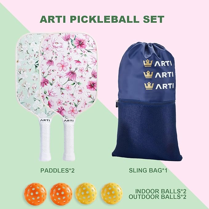 ARTI Pickleball Paddles Set of 2-USAPA Approved Fiberglass Surface Pickleball Set,2 Pickleball Rackets, 4 Balls and 1 Portable Carry Bag