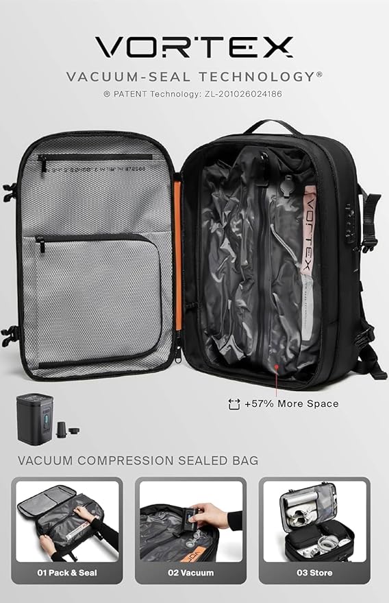 BlackVoyage Vortex Vacuum Seal Travel Backpack 60L Expandable Air Compression System Water Resistant TSA Lock Carry-On Suitcase Luggage Blue AERO - Vacuum Pump Included