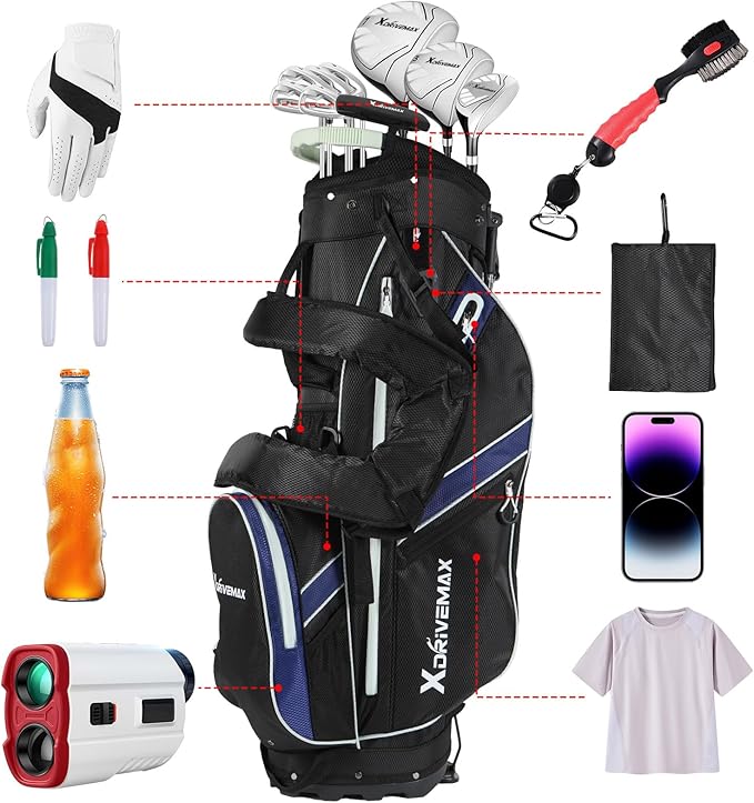 XDriveMax Golf Stand Bag, Lightweight 8-Way Top Dividers Golf Bag with Insulated Cooler Pocket, Dual Strap System & Rain Cover, Includes Golf Accessory Kit