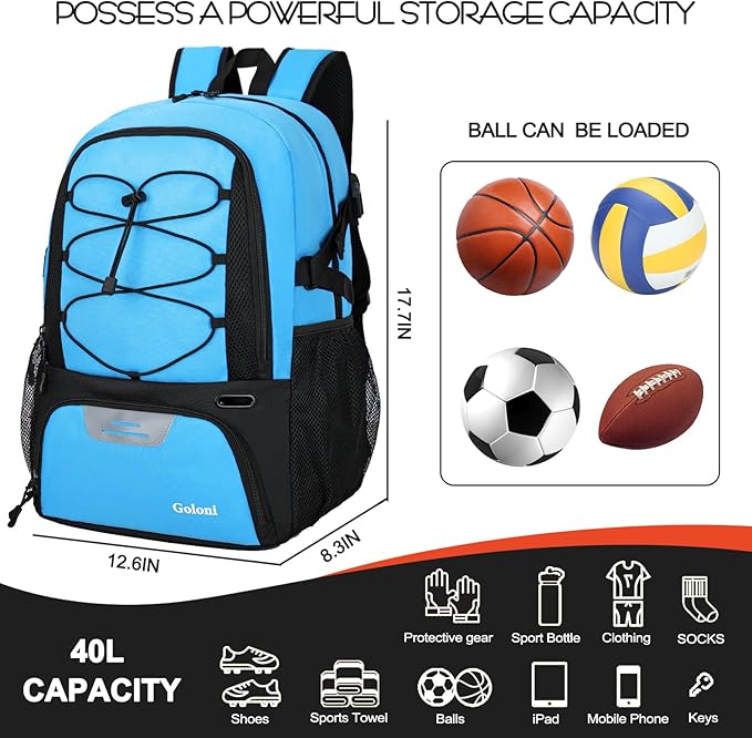 Goloni Basketball Backpack,Large Sports Bag with Ball Compartment & Shoe Compartment,Basketball Bag Fit Volleyball, soccer,Gym