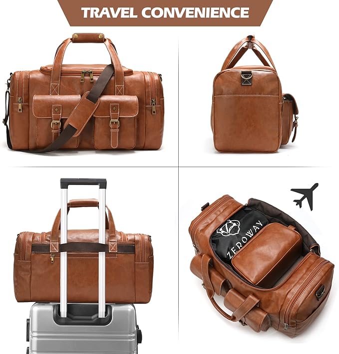 Zeroway PU Leather Travel Duffel Bag with Toiletry Dopp Kit and Laundry Bag, Weekender Overnight bag Luggage Carry-On Bag with Shoe Pouch for Men or Women Brown