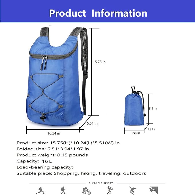 16L Lightweight Foldable Hiking-Backpack Small Packable-Daypack For Travel,Ultralight Water-Resistant Gym Bag Men Women Easy Carry-on (Royal Blue)