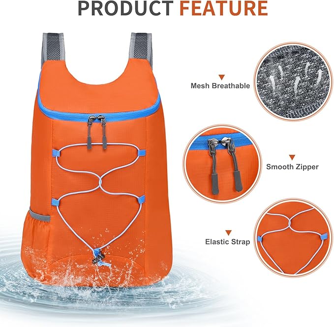 20L Hiking-Daypack Lightweight Foldable Travel Packable Backpack for Camping Cycling Outdoor, Orange