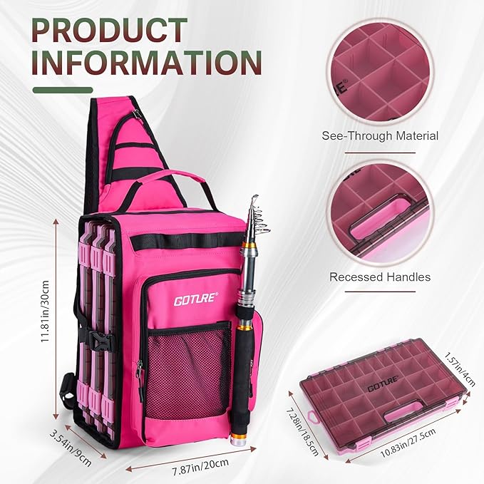 Goture OpenSide Tactical Sling Tackle Bag with 3 Tackle Trays, Lightweight Fishing Backpack Storge Fishing Gear - Pink Bag Outdoor,Gift for women