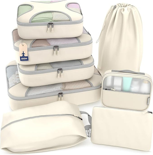 Shacke Premium 8 Packing Cubes Set - Lightweight Mesh Travel Luggage Organizers with Laundry Bag, 8-Piece Suitcase Storage System (Sand)
