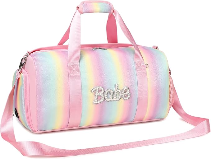 Ballet Dance Bag for Girls Shiny Rainbow Glitter Sports Duffle Bags for Girls Weekender Travel Bag with Waterproof Dry Wet Separated Compartment