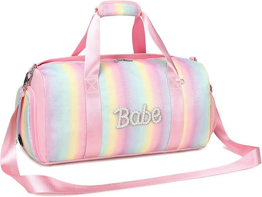 Ballet Dance Bag for Girls Shiny Rainbow Glitter Sports Duffle Bags for Girls Weekender Travel Bag with Waterproof Dry Wet Separated Compartment