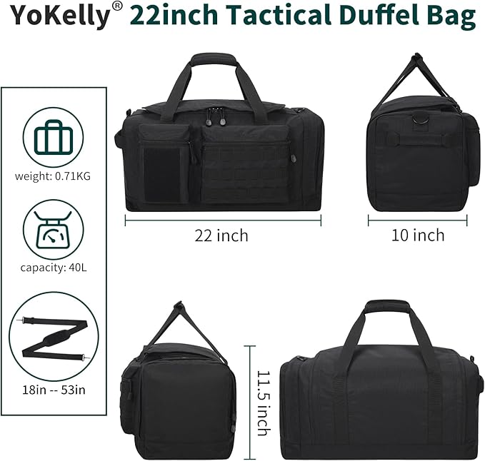 40L Tactical Duffle Bag Mens Gym Bag- 22 inch Military Duffle Bag with Shoes Compartment, Outdoor Equipment Gear for Weekend Overnight Travel - Black